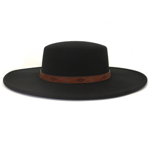 秋冬季帽子女士英伦欧美风毛呢礼帽宽檐平顶帽网红黑色爵士帽