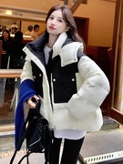 韩系连帽拼色面包服白鸭绒羽绒服冬季外套女宽松小个子短款