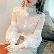 小众刺绣雪纺衬衫女春季2023超仙气质蕾丝拼接灯笼袖立领上衣