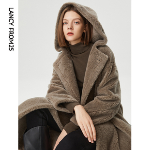 朗姿纯羊毛外套女冬季法式中长款连帽泰迪颗粒，羊毛大衣高级感