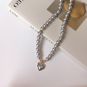 s925纯银个性水晶珍珠心形，项链撞色真多麻色毛衣链做旧吊坠颈链