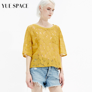 YUESPACE夏季女蕾丝衫镂空休闲短袖圆领时尚短款宽松黄色T恤小衫