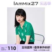 IAmMIX27短袖T恤女复古撞色爱心提花POLO领休闲百搭针织套头衫女