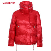 VJC OLIVIA2023秋冬红色立领羽绒服设计抽绳短款外套女装