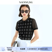 NAERSI/娜尔思格子小立领针织衫女夏季黑色短袖T恤上衣