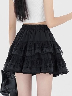 黑色蕾丝蛋糕半身裙女夏季2024小个子高腰，显瘦芭蕾风蓬蓬短裙