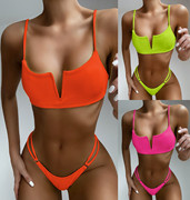 纯色荧光色比基尼性感三点式bikini欧美三角沙滩分体泳衣女泳装