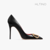 hltino2024黑色V扣高跟鞋女细跟尖头软皮大码法式性感单鞋子a