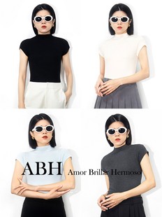 ABH 四季可穿经典半高领连袖上衣高弹修身坑条黑色T恤女