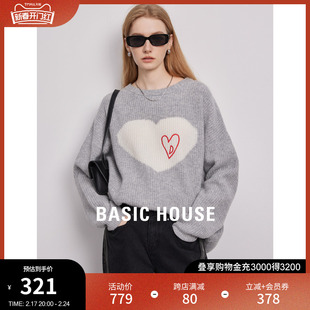 Basic House/百家好灰色羊毛针织衫2024春季爱心宽松套头毛衣