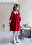 2021秋冬冬季女童红色可爱娃娃领羊毛七分袖长袖A字裙公主连衣裙
