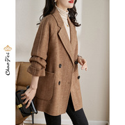 双面绒大衣女2022秋冬韩版品牌人字纹高端100纯羊毛呢子外套