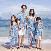 沙滩亲子装海边度家四口蓝色，夏威夷母女装，吊带连衣裙短袖衬衫