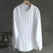 亚麻衬衫男长袖春秋季薄款宽松立领，棉麻上衣中国风，复古休闲白衬衣(白衬衣)