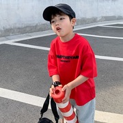 男童短袖t恤纯棉夏季童装2023年宽松中大童半袖休闲红色上衣