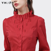 红色衬衫女钉珠上衣立领显瘦职业，衬衣设计感别致气质春装洋气小衫
