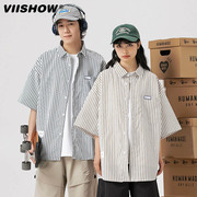 viishow潮牌日系条纹短袖衬衫，男2023夏季情侣，宽松百搭上衣服外套