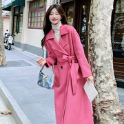 玫红色呢子大衣女冬季2023韩版今年流行宽松中长款毛呢外