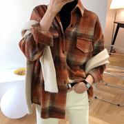 日本顶奢磨毛棉格子衬衫女中长款秋季韩版宽松长袖衬衣外套厚