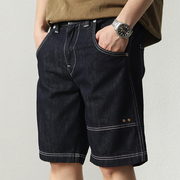 夏季牛仔短裤男美式复古水洗明线深色，工装拼接口袋直筒休闲五分裤