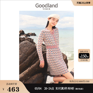 赫本猫联名Goodland美地女装2023冬季香风提花羊毛衫连衣裙