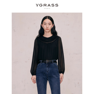 vgrass复古编织镂空绣花片黑色真丝，衬衫女春季云肩设计高级感