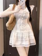 白色蕾丝纯欲甜美连衣裙，女2024春夏，法式蝴蝶结设计收腰短裙子