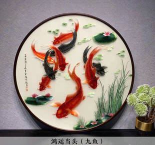 苏州刺绣圆形带框成品装饰画玄关走廊餐厅挂画苏绣荷花客厅床头