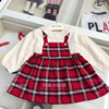 韩国20年秋款女宝儿童红格子拼接奶白娃娃领上衣连衣裙淑女气质N7