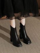 香港法式高跟短靴女秋冬真皮，方头粗跟厚底，防水台加绒瘦瘦靴小短靴