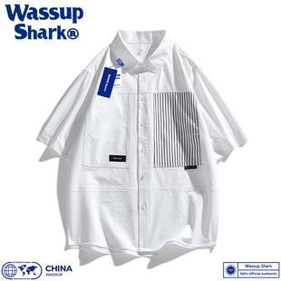 wassupshark日系cityboy短袖衬衫，男夏薄款休闲拼接衬衣，港风半袖