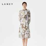 LANCY/朗姿2023秋冬印花桑蚕丝连衣裙女中长款收腰气质中国风