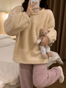 睡衣女冬季珊瑚绒简约可外穿套头纯色，大码宽松加厚暖暖套装家居服