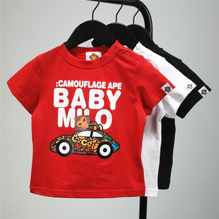 夏潮牌猴子女童男童小汽车纯棉短袖，t恤儿童红黑白色半袖背心上衣