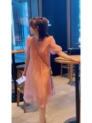 粉色圆领荷叶边泡泡袖雪纺连衣裙女2023夏季气质裙子仙女超仙