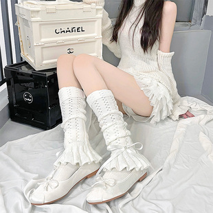Lolita纯欲风蝴蝶结花边腿套日系镂空白色甜美堆堆袜芭蕾珍珠袜套