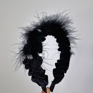 柔美「漫舞de羽」高级感羽毛头箍丝绒发卡褶，堆堆裙边黑色发箍发饰
