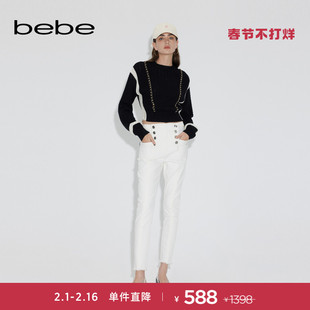 bebe2023春夏系列女士高腰双排扣休闲紧身牛仔裤长裤111009