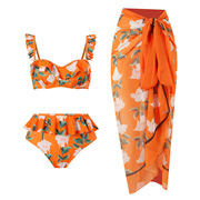 外贸分体泳衣带钢托胸垫bikini甜美性感花边，橘色裹裙比基尼三件套