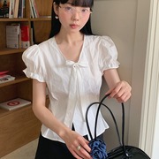 eme法式设计感小众衬衫女夏季短袖上衣复古蝴蝶结泡泡袖小衫