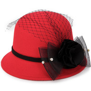 秋冬季时尚纱网花朵红色圆顶礼帽休闲出游女士毛呢盆帽驼色潮黑色