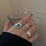 日韩s925银蓝色锆石戒指，女复古时尚个性线条，交叉开口指环食指戒潮