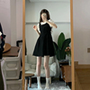 黑色小个子连衣裙女夏季2023泡泡，袖日系甜美衬衫背带裙套装