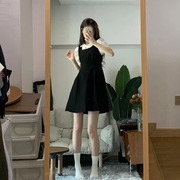 黑色小个子连衣裙女夏季2023泡泡袖日系甜美衬衫背带裙套装