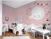 粉色云朵月亮墙布卡通儿童房背景墙纸男孩女孩卧室壁纸幼儿园壁画