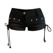 Women's tight black rivet strap shorts紧身黑色铆钉绑带短裤女