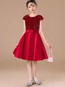 酒红色女童钢琴短款公主裙走秀演出服半袖亮片儿童表演服圆领礼服