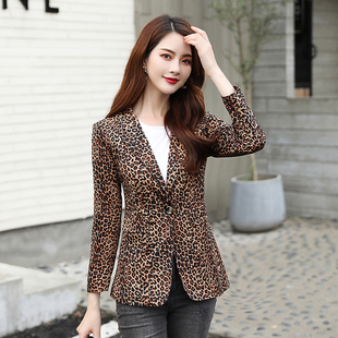 2022春装豹纹小西装女外套韩版中长款时尚修身一粒扣长袖西服