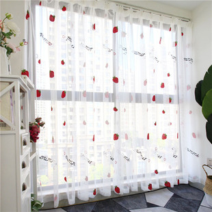 窗帘小清新红色小草莓刺绣卧室可爱风韩式田园窗纱少女清新飘窗