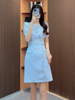 小个子西装连衣裙2024女夏季浅蓝色高级感法式收腰显瘦裙子女